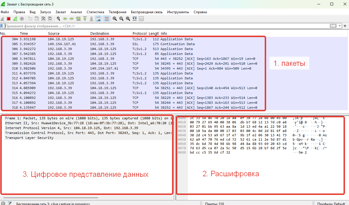 Три части окна Wireshark